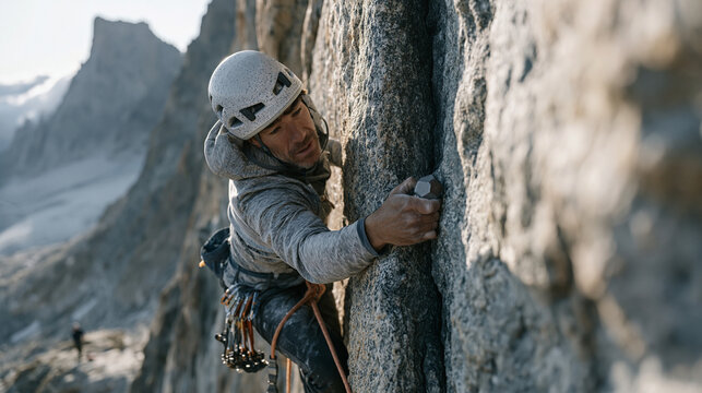 Trad climber placing a hexagonal nut into a granite crack sixty meters above a glacial cirque, alpine rock face route, rope trailing below, rack of cams clipped to harness, belay