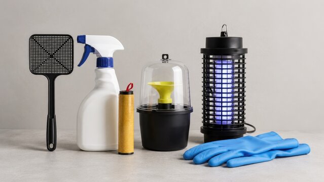Assortment of household pest control tools including a fly swatter, spray bottle, sticky trap roll, dome mosquito trap, electric UV bug zapper and blue protective gloves
