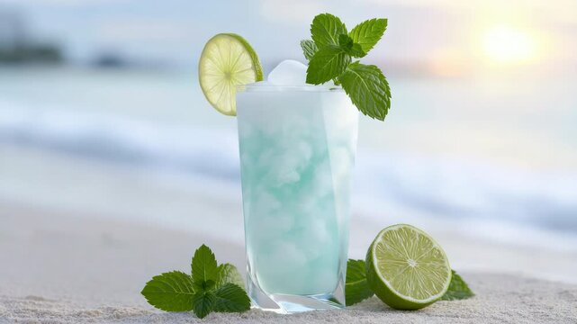 Static shot of glass cocktail with mint and lime sitting on sandy beach shore at sunrise with blurred ocean background