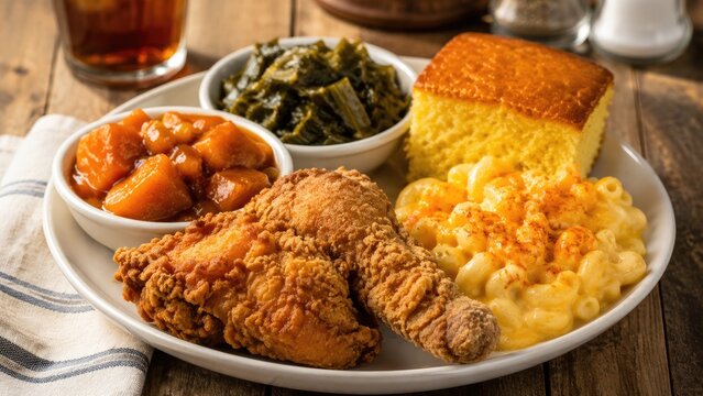 Southern comfort plate with crispy fried chicken, mac and cheese, cornbread, collard greens and candied yams