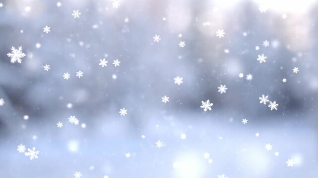 Animation of white snowflakes falling on a soft blurred winter background with bokeh lights
