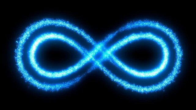 Animation of a glowing blue infinity symbol made of sparkling particles on a black background