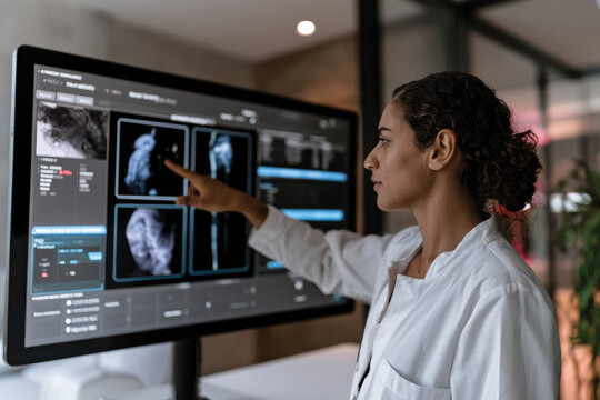 A healthcare professional examines digital medical images on a large screen, showcasing advanced medical technology and data analysis in a modern clinical setting.