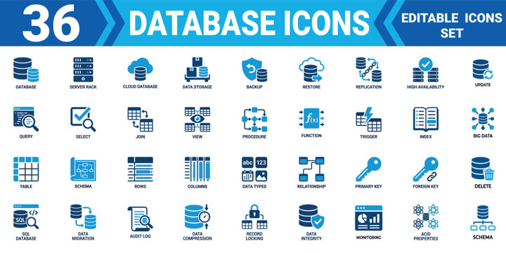 Database icon set 36 editable vector illustrations for data storage management and security concepts