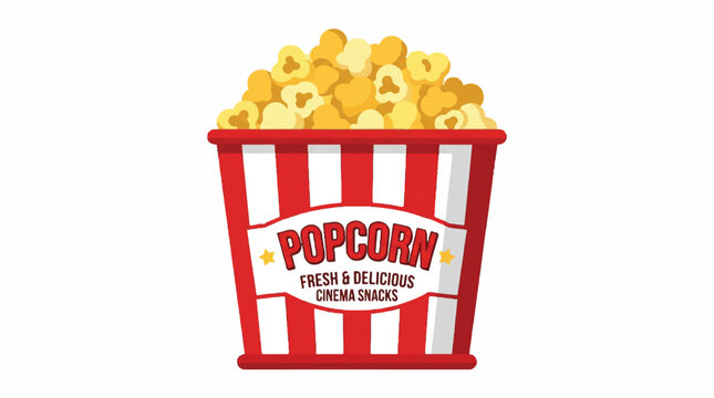 Bright red and white striped popcorn bucket overflowing with freshly popped corn, ready for cinema snacks.