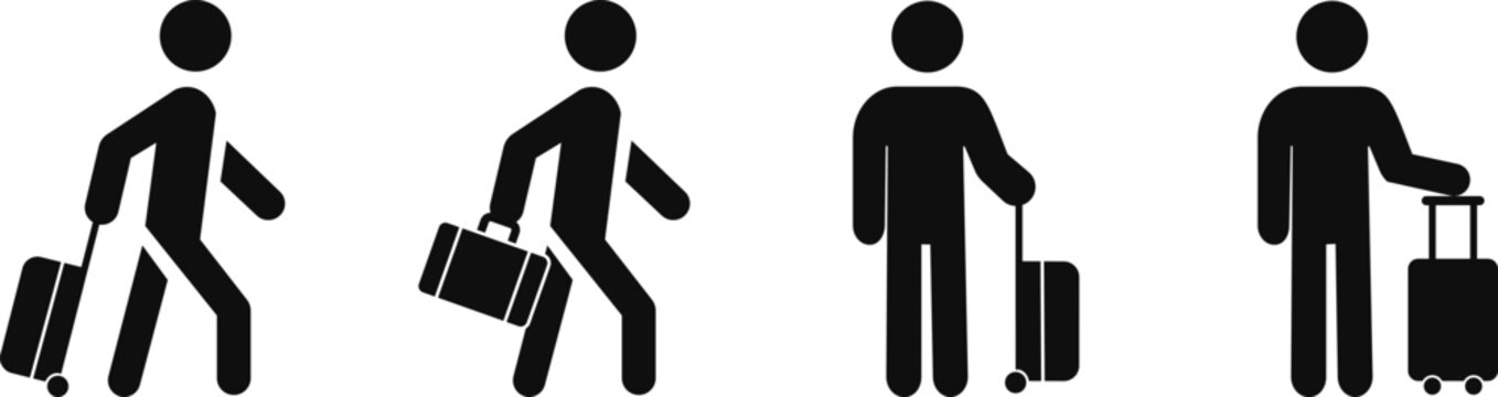 Passenger icons set features black solid silhouette style, walking and standing traveler stick figures with luggage suitcase baggage represent a trip, travel vector illustration