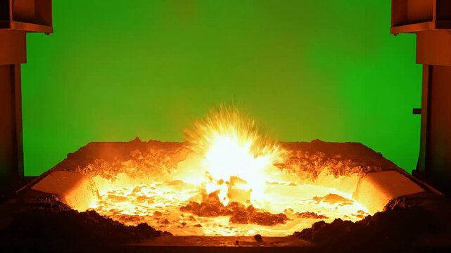 Molten metal pouring in industrial foundry with green screen background, for compositing steel casting