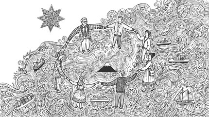 Fototapeta premium A diverse group of people holding hands in a unity circle, symbolizing global connection and cooperation around a mountain amidst waves and ships.