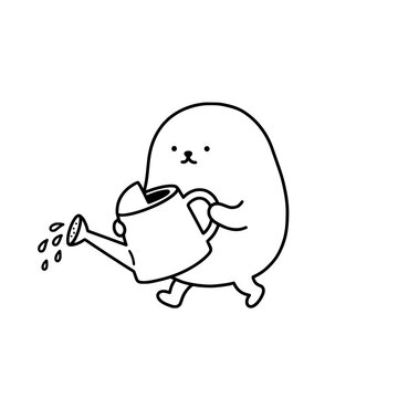 A lovable character is seen watering plants with a watering can, representing a nurturing spirit and the beauty of nature, rendered in a cute, minimalist style.