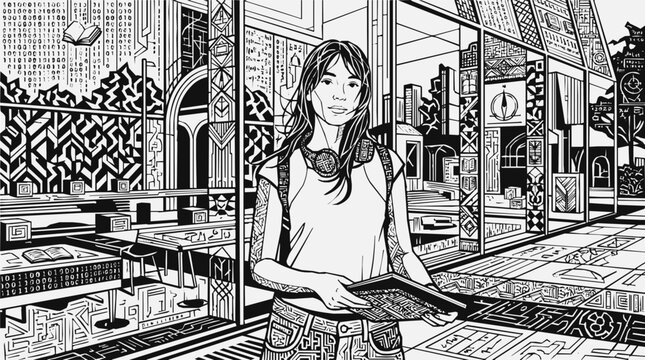 A futuristic student inside a cyberpunk library filled with binary code and digital technology, detailed black and white vector illustration.