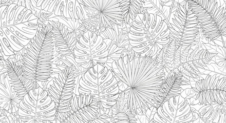 Obraz premium Seamless black and white tropical leaf line art pattern.