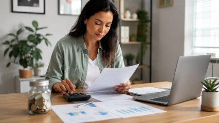 Fototapeta premium Woman working at a home office desk calculating bills and reviewing financial documents with laptop