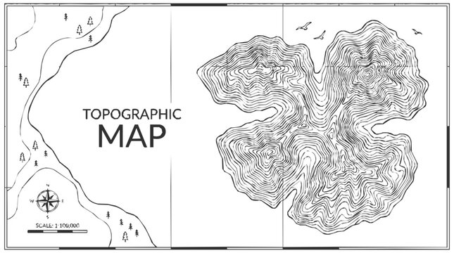 Vintage topographic map featuring a detailed vintage island with contour lines, professional cartography elements, and a classic compass rose