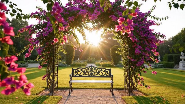 Wrought iron bench under bougainvillea floral arches in a manicured park during golden hour