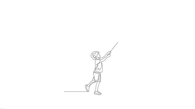 Young boy running and flying kite single line art animation.
