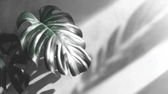 Large tropical leaf casts dramatic shadows across a bright, textured surface.