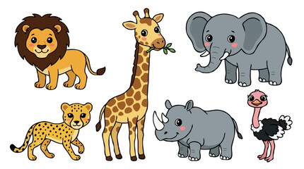 Cute African safari animals vector collection featuring cartoon baby lion giraffe elephant cheetah rhinoceros and ostrich isolated on white background🔑 © MstRowshanAra