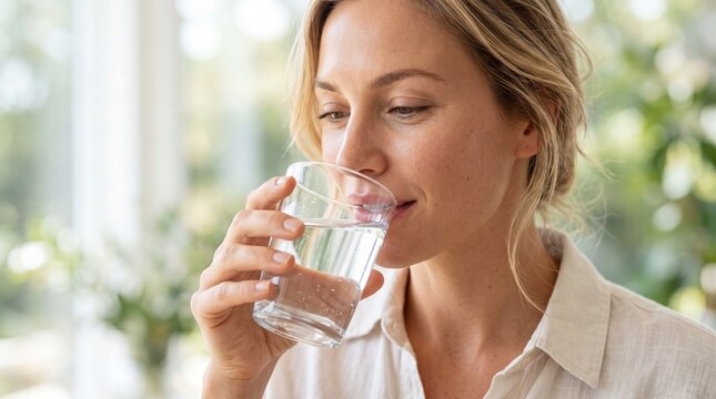 Woman drinking glass of fresh clear water. Healthy lifestyle and hydration habit. Daily water intake routine for human well-being and body energy. Pure liquid refreshment at home.