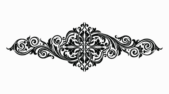 Ornament, scrollwork - Intricate black baroque ornamental flourish with swirling acanthus leaves and symmetrical floral elements on a white
