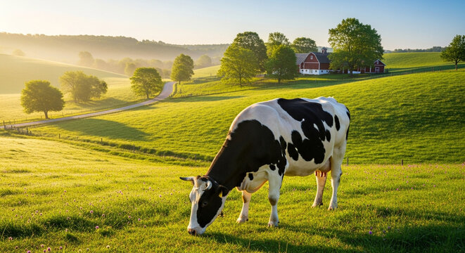 Peaceful Rural Landscape with a Holstein Cow Grazing in Lush Green Pasture during Golden Sunrise
