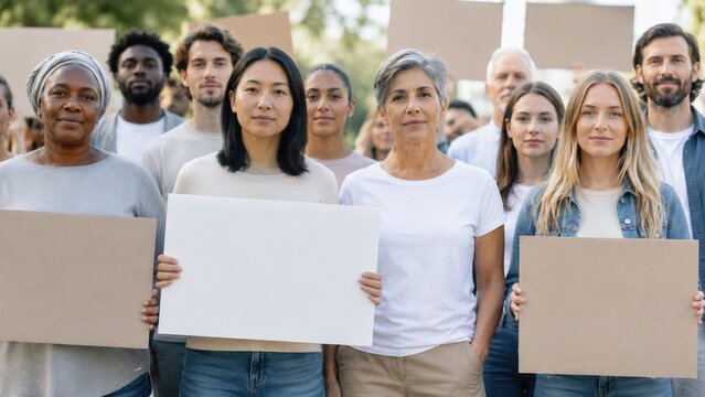 Diverse multicultural group standing together outdoors holding blank protest signs and placards in a peaceful demonstration showing unity and solidarity