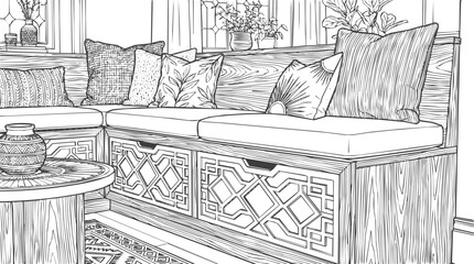 Fototapeta premium Detailed coloring page of a cozy interior featuring a window seat with patterned cushions and elegant home decor elements.