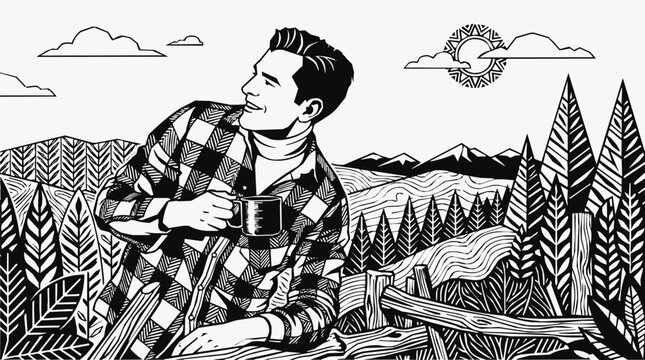 A smiling man in a timeless plaid shirt sips from his mug, deeply appreciating the majestic forest and stunning mountains vista in this charming