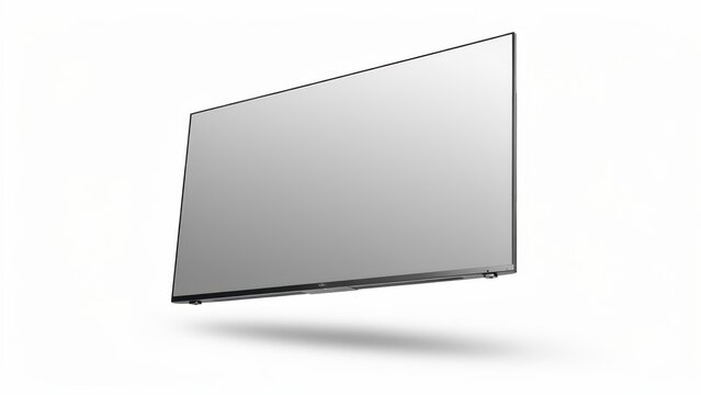 Sleek ultra-thin smart television screen floating at an angle over a clean white background, minimalist studio lighting, high-tech display template for modern living room mockup.