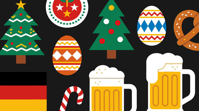A vibrant collection of German cultural icons, including Christmas trees, Easter eggs, pretzels, beer mugs, and the German flag, set against a dark background.