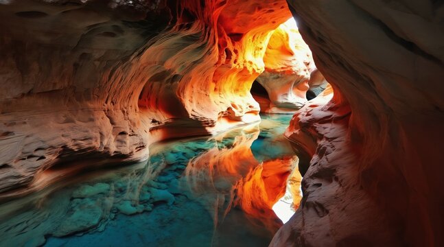 Underground sandstone cave with clear water pools reflecting vibrant orange and red sunlit glow. Natural erosion sculpts cave walls revealing textured rock formations and underground passages.
