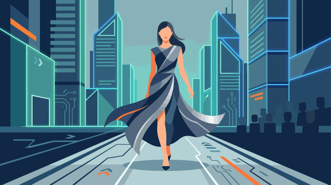 This flat design illustration captures a futuristic runaway model in a dynamic sprint through a sleek, minimalist cyber city at dusk, showcasing avant-garde fashion and urban rebellion.
