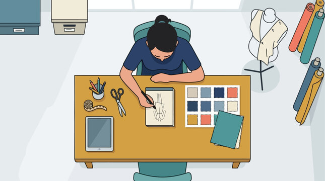 An imaginative fashion designer meticulously sketches new clothing concepts at a studio desk, surrounded by creative tools, rendered in a sleek Flat Design style. 