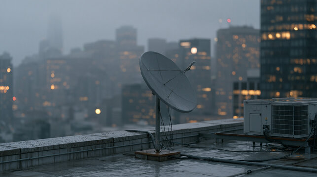Empty rain-soaked rooftop communications installation hosts a quantum sensing magnetic field anomaly detection array beside satellite uplink equipment, unattended sensor pods and