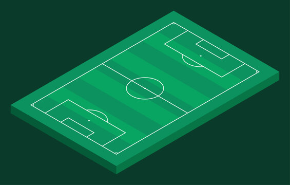 Football Pitch Vector Illustration. Soccer Field Isometric 3D Top View Graphic with Striped Grass and White Line Markings. 