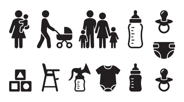 Collection of black baby and parenting including a mother with child, family, baby bottle, pacifier, diaper, chair, breast pump, baby onesie, and wooden toy building blocks