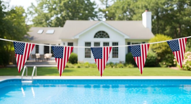 American Flag Bunting Decoration Over Swimming Pool with House in Background 4th of July Party