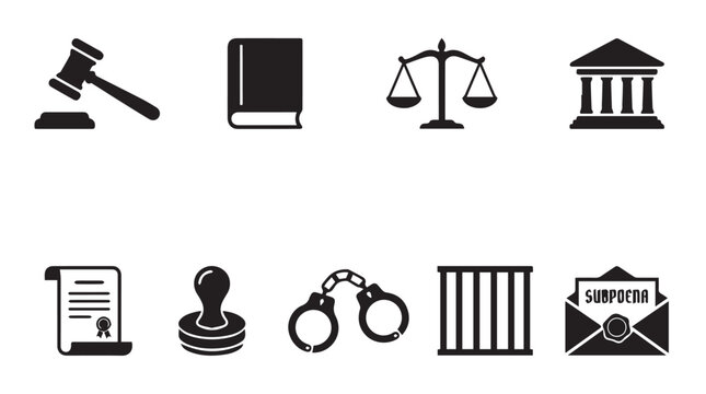Legal and judicial featuring a wooden gavel, law book, scales of justice, courthouse building, legal document, rubber stamp, handcuffs, prison bars, and a subpoena envelope