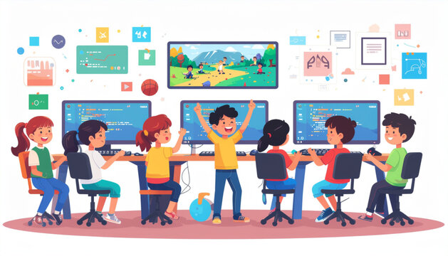 Kids Creating Video Games Through Coding Vector Illustration, Children Learning Game Development and Programming