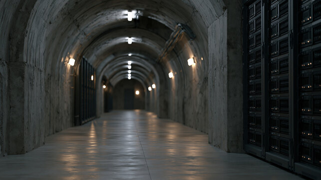 Empty desolate underground bunker facility houses rows of operational quantum cryptography network security nodes, rack-mounted QKD appliances blinking steadily in the silence as