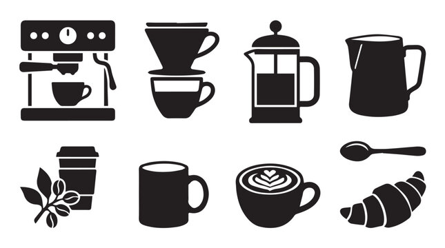 Set of black coffee related including espresso machine, pour over, french press, milk pitcher, takeaway cup, mug, latte spoon, and croissant on a white background, for cafe