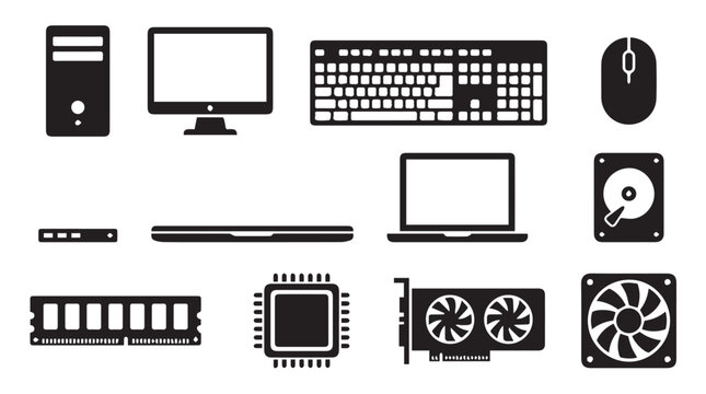 Set of black computer hardware and peripheral featuring desktop tower, monitor, keyboard, mouse, laptop, hard drive, ram stick, cpu processor, card, and cooling fan