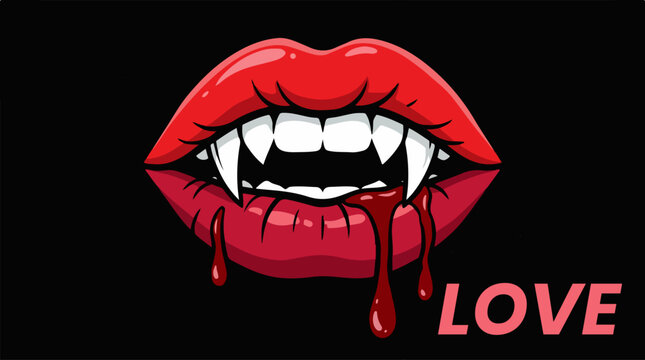 Vibrant red vampire lips with sharp fangs and dripping blood illustration