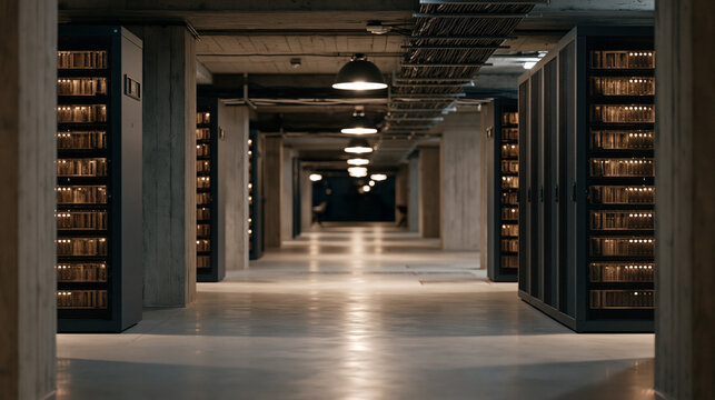 Empty desolate underground bunker facility houses rows of operational quantum cryptography network security nodes, rack-mounted QKD appliances blinking steadily in the silence as