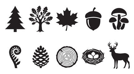 Set of black nature featuring a pine tree, oak tree, maple leaf, acorn, mushrooms, fern frond, pinecone, tree ring cross section, bird nest with eggs, and a silhouette of a deer © Vector Vault