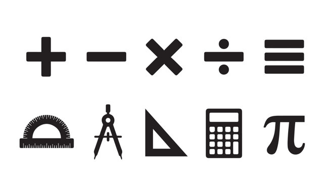 Set of black mathematical operation and geometry including addition, subtraction, multiplication, division, equals, protractor, compass, triangle, calculator, and pi