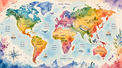 Vibrant watercolor world map with labeled continents and oceans, featuring decorative elements like ships, whales, and a compass rose, perfect for educational or children's themes. © grabah