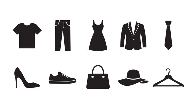 Set of ten black flat representing clothing and fashion accessories, including at-shirt, jeans, dress, blazer, tie, heel, sneaker, handbag, hat, and a clothes hanger