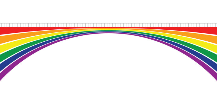 Retrofuturism bridge pride month rainbow poster design in trendy retro line style, background template lines shapes vector design