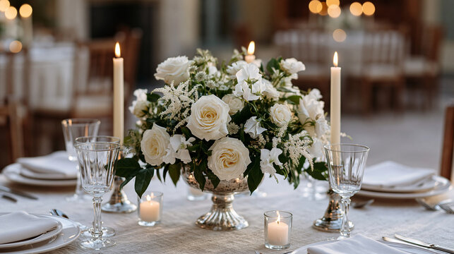 Elegant wedding centerpiece of cascading ivory garden roses, trailing amaranthus, and tapered candles arranged in a mercury glass urn at a formal reception table, extreme close