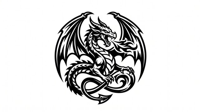 Dynamic black and white dragon logo illustration, featuring majestic wings and fiery breath, a fierce mythical symbol